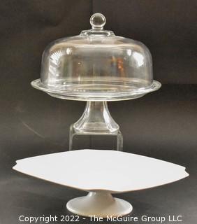 Two (2) Cake Plate Stands, One with Cloche Cover.