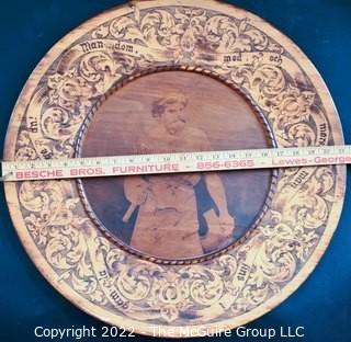 Antique Swedish Wood Round Platter or Tray Decorated with Wood Burning Pyrography  Norse God.  It measures 21" in diameter.