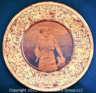 Antique Swedish Wood Round Platter or Tray Decorated with Wood Burning Pyrography  Norse God.  It measures 21" in diameter.