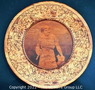 Antique Swedish Wood Round Platter or Tray Decorated with Wood Burning Pyrography  Norse God.  It measures 21" in diameter.