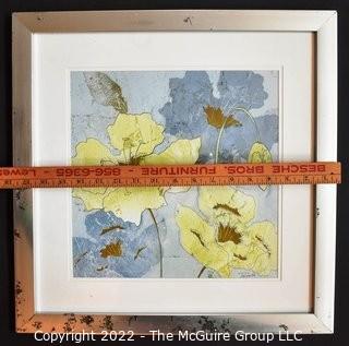 Framed Under Glass Water Color Flowers on Hand Pressed Paper Signed by Artist, Tre Sorelle.   Measures  18" Square.