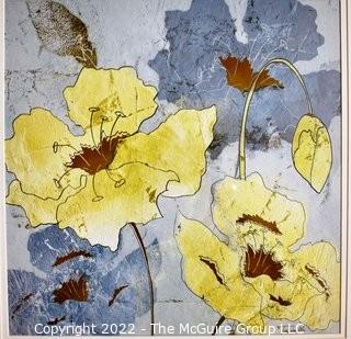 Framed Under Glass Water Color Flowers on Hand Pressed Paper Signed by Artist, Tre Sorelle.   Measures  18" Square.