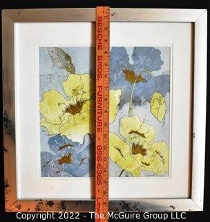 Framed Under Glass Water Color Flowers on Hand Pressed Paper Signed by Artist, Tre Sorelle.   Measures  18" Square.