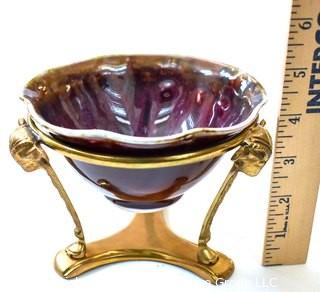 Edgecomb Pottery Porcelain Bowl with Brass Stand with Purple Metal Glaze.  Measures 5" in diameter.