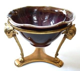 Edgecomb Pottery Porcelain Bowl with Brass Stand with Purple Metal Glaze.  Measures 5" in diameter.