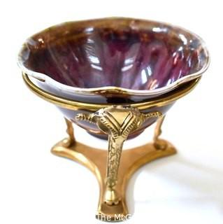 Edgecomb Pottery Porcelain Bowl with Brass Stand with Purple Metal Glaze.  Measures 5" in diameter.