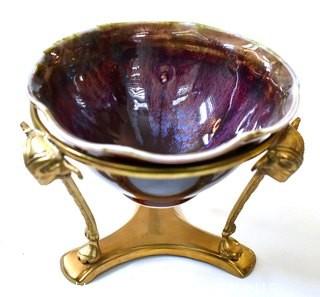 Edgecomb Pottery Porcelain Bowl with Brass Stand with Purple Metal Glaze.  Measures 5" in diameter.