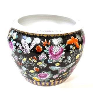 Large Asian Hand Painted on Black Ground Porcelain Fish Bowl Planter.  Measures 10"T x 12" Diameter.