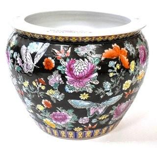 Large Asian Hand Painted on Black Ground Porcelain Fish Bowl Planter.  Measures 10"T x 12" Diameter.