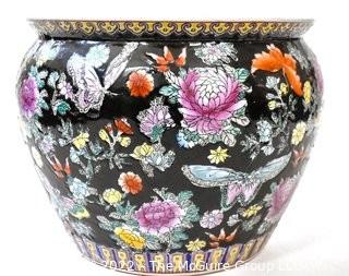 Large Asian Hand Painted on Black Ground Porcelain Fish Bowl Planter.  Measures 10"T x 12" Diameter.