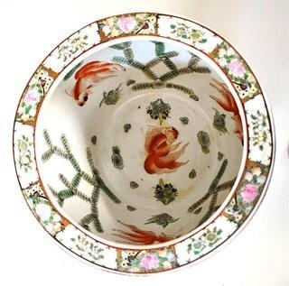 Large Asian Hand Painted Satsuma Geishas on White Ground with Koi Interior Porcelain Fish Bowl Planter on Wood Stand.  Measures 10"T x 12" Diameter.