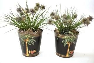 Two (2) Decorative Faux Flower Plants in Hand Painted Metal Planters.  Measures 13" Tall.