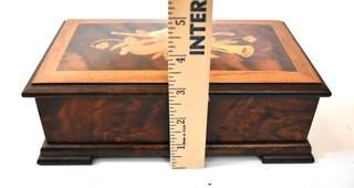 Burled Wood With Inlaid Lid Jewelry Music Box Made By Reuge. Measures 3" x 5" x 9". 