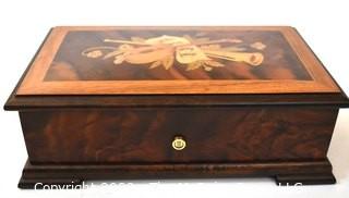 Burled Wood With Inlaid Lid Jewelry Music Box Made By Reuge. Measures 3" x 5" x 9". 