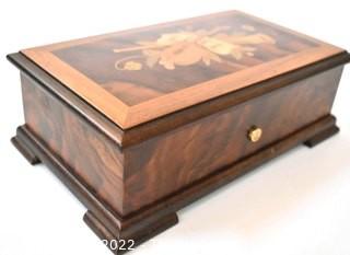 Burled Wood With Inlaid Lid Jewelry Music Box Made By Reuge. Measures 3" x 5" x 9". 