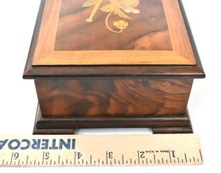 Burled Wood With Inlaid Lid Jewelry Music Box Made By Reuge. Measures 3" x 5" x 9". 