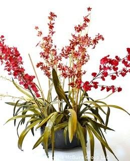 Decorative Faux Red Flower Plant in Planter.  Measures 36" tall.