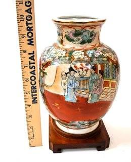 Vintage Asian Incised Hand Painted Vase with Butterfly Decoration.  Measures 10" tall.