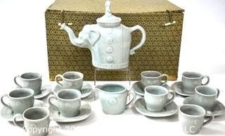 20 Piece Set of Vintage Asian Celedon Porcelain Tea Service with Elephant Shaped Teapot in Presentation Box. 