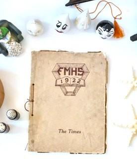 Group of Decorative Items and 1922 FMHS (Flower Mound, Texas High School) Year Book.