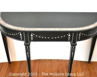 Black with Hand Painted Decoration Demi Lune Console Table.  Measures 16" x 30" x 47".