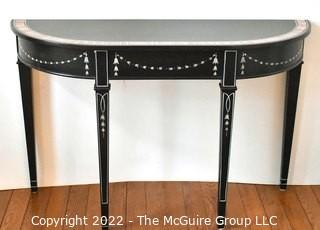 Black with Hand Painted Decoration Demi Lune Console Table.  Measures 16" x 30" x 47".