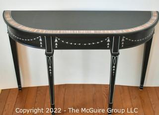 Black with Hand Painted Decoration Demi Lune Console Table.  Measures 16" x 30" x 47".