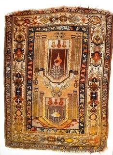 Antique Hand Knotted Tribal Turkish Prayer Rug on Yellow Ground.  Measures 43" x 58" .  Some wear due to age. 