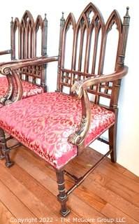 Vintage 19th Century English Gothic Revival Armchairs with Red Upholstered Seats.