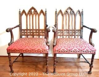 Vintage 19th Century English Gothic Revival Armchairs with Red Upholstered Seats.