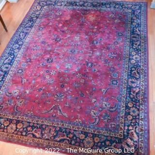 Vintage Persian Oriental Hand Knotted Rug with All Over Floral Design on Dark Red Base.  Measures 106" x 142".