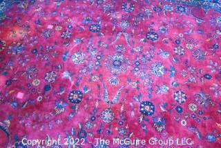 Vintage Persian Oriental Hand Knotted Rug with All Over Floral Design on Dark Red Base.  Measures 106" x 142".