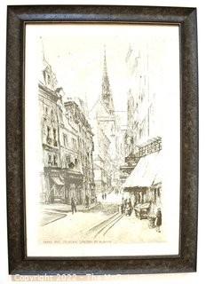 Framed Under Glass Black & White Print of Paris  Street Scene "Rue Frédéric-Sauton Et N. Dame".  Measures 29" x 40".