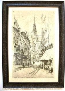 Framed Under Glass Black & White Print of Paris  Street Scene "Rue Frédéric-Sauton Et N. Dame".  Measures 29" x 40".