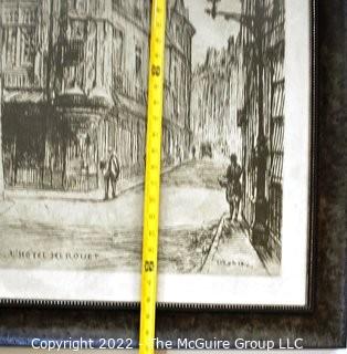 Framed Under Glass Black & White Print of Paris  Street Scene "L'Hôtel Herouet".  Measures 29" x 40".