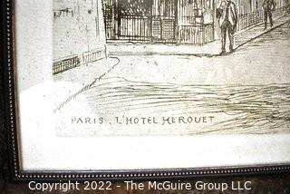 Framed Under Glass Black & White Print of Paris  Street Scene "L'Hôtel Herouet".  Measures 29" x 40".