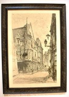 Framed Under Glass Black & White Print of Paris  Street Scene "L'Hôtel Herouet".  Measures 29" x 40".