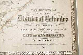 Framed Under Glass Reproduction 1862 Topographical Map of The Original District of Columbia And Environs Showing The Fortifications Around The City Of Washington by E. G. Arnold.  Measures 32" x 35".  