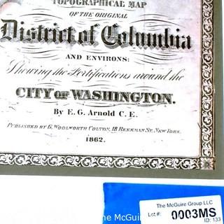 Framed Under Glass Reproduction 1862 Topographical Map of The Original District of Columbia And Environs Showing The Fortifications Around The City Of Washington by E. G. Arnold.  Measures 32" x 35".  