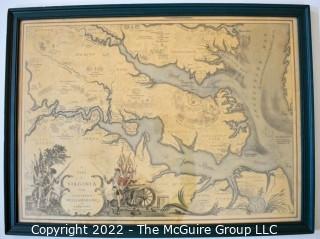 Framed Under Glass Print of "A Part Of Virginia Showing Jamestown, Williamsburg, And Yorktown With Historical Events From 1585 To 1781", Designed by Robert Ball in 1939.  Measures  19 1/2" x 26 1/2".