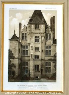 Framed Under Glass Chromolithograph of  "Château de Saint-Ouenm La Maison de Pierre" From the Book Chateaux of the Loire Valley by Victor Petit.  Measures 21" x 26.