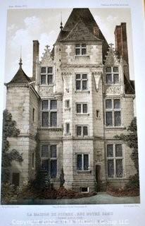 Framed Under Glass Chromolithograph of  "Château de Saint-Ouenm La Maison de Pierre" From the Book Chateaux of the Loire Valley by Victor Petit.  Measures 21" x 26.