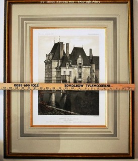 Framed Under Glass Chromolithograph of  "Château de Jalesnes" From the Book Chateaux of the Loire Valley by Victor Petit.  Measures 21" x 26.