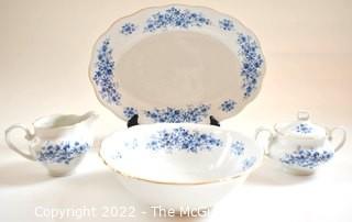 Four (4) Piece Set of Favolina Blue and White Porcelain, Made In Poland Serving Pieces. 