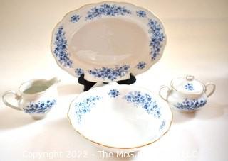 Four (4) Piece Set of Favolina Blue and White Porcelain, Made In Poland Serving Pieces. 