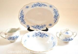 Four (4) Piece Set of Favolina Blue and White Porcelain, Made In Poland Serving Pieces. 