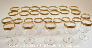 Set of Vintage Crystal Gold Rim Minton Tiffin Franciscan Stemmed Cocktail & Tumbler Glassware.