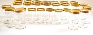 Set of Vintage Crystal Gold Rim Minton Tiffin Franciscan Stemmed Cocktail & Tumbler Glassware.