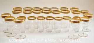 Set of Vintage Crystal Gold Rim Minton Tiffin Franciscan Stemmed Cocktail & Tumbler Glassware.