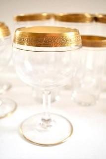 Set of Vintage Crystal Gold Rim Minton Tiffin Franciscan Stemmed Cocktail & Tumbler Glassware.